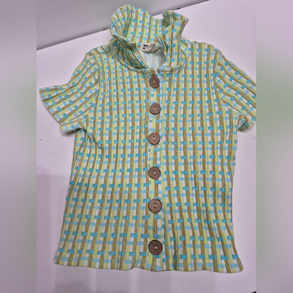 Billabong Forever Friend Blue & Green Button Down Broomstick Polo Shirt XS